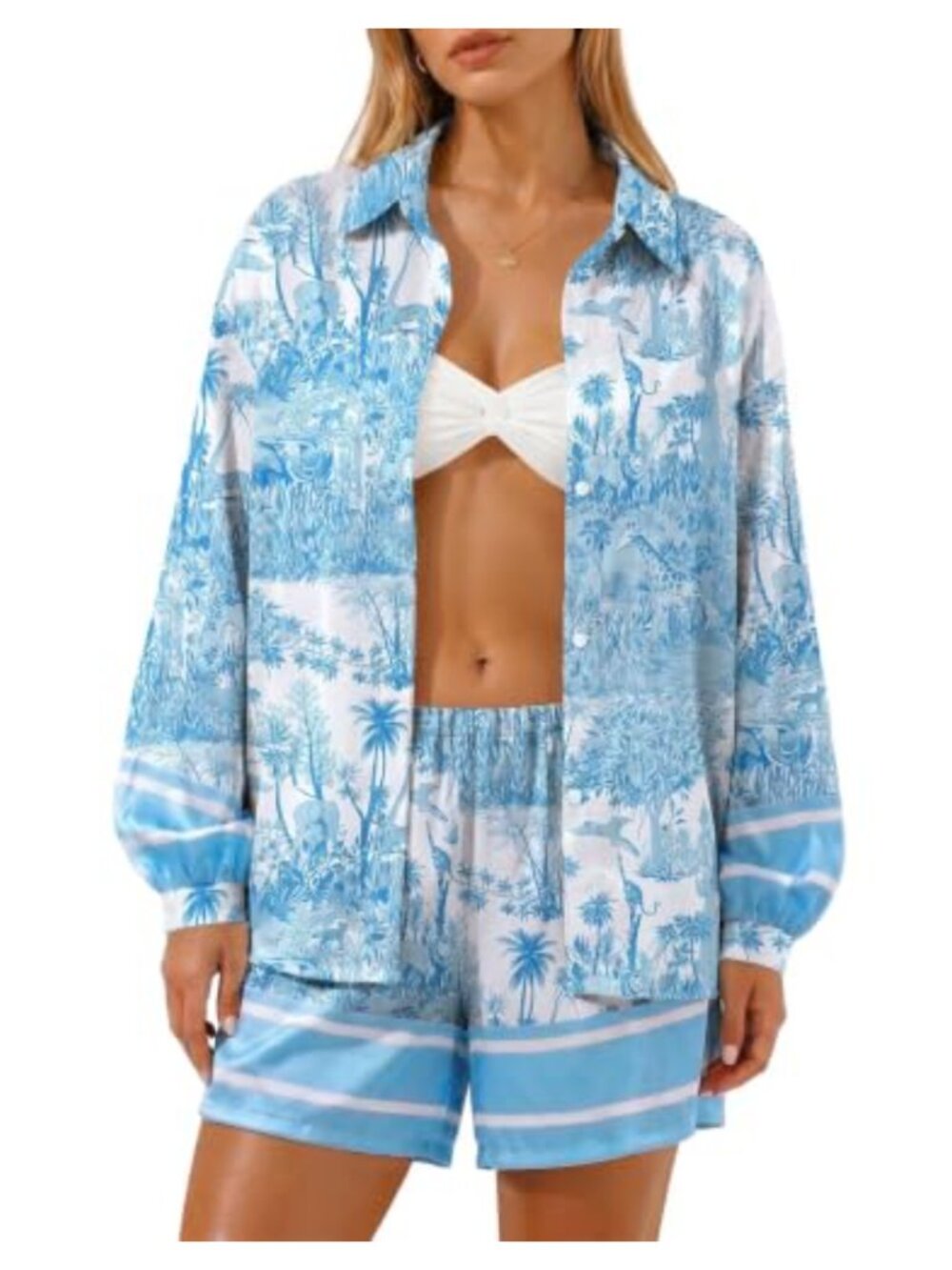 Satin Pajama Set Long Sleeve Button Down Shirt & Shorts 2 Piece Lounge Set
